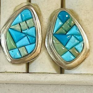 Jay King Southwest Mosaic Sterling Blue Green Turquoise Pierced  Earrings